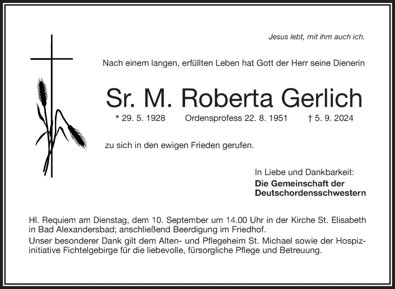  Traueranzeige für Roberta Gerlich vom 07.09.2024 aus Frankenpost