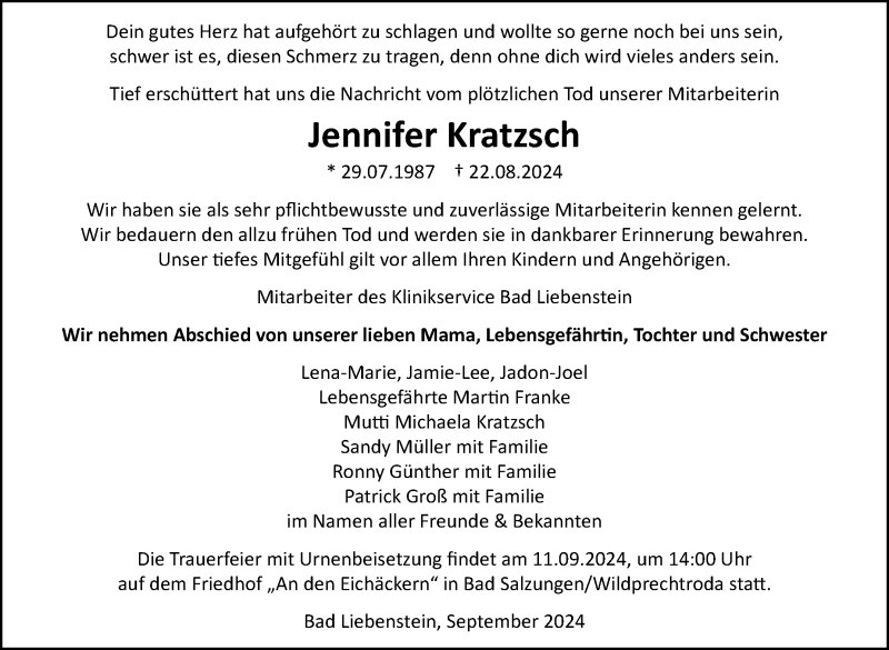 Traueranzeige für Jennifer Kratzsch vom 07.09.2024 aus Südthüringer Presse