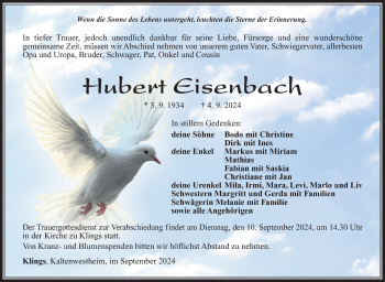 Traueranzeige von Hubert Eisenbach von Südthüringer Presse