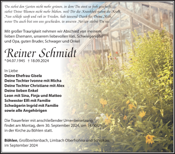 Traueranzeige von Reiner Schmidt von Südthüringer Presse