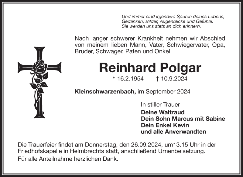  Traueranzeige für Reinhard Polgar vom 21.09.2024 aus Frankenpost