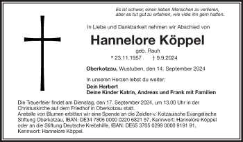 Traueranzeige von Hannelore Köppel von Frankenpost