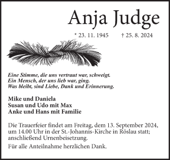 Traueranzeige von Anja Judge von Frankenpost