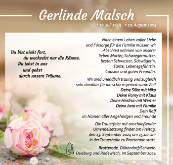 Traueranzeige von Gerlinde Malsch von Südthüringer Presse