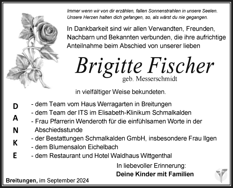  Traueranzeige für Brigitte Fischer vom 13.09.2024 aus Südthüringer Presse