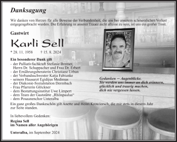 Traueranzeige von Karli Sell von Südthüringer Presse