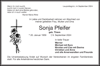 Traueranzeige von Sonja Pfeifer von Frankenpost