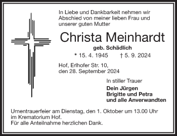 Traueranzeige von Christa Meinhardt von Frankenpost