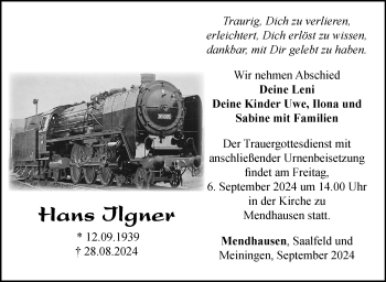 Traueranzeige von Hans Ilgner von Südthüringer Presse