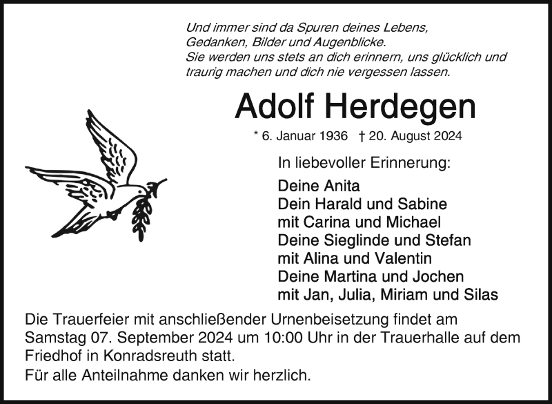  Traueranzeige für Adolf Herdegen vom 04.09.2024 aus Frankenpost