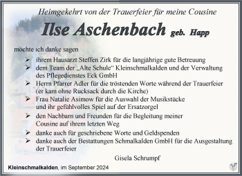 Traueranzeige von Ilse Aschenbach von Südthüringer Presse