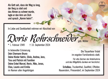 Traueranzeige von Doris Rohrschneider von Südthüringer Presse