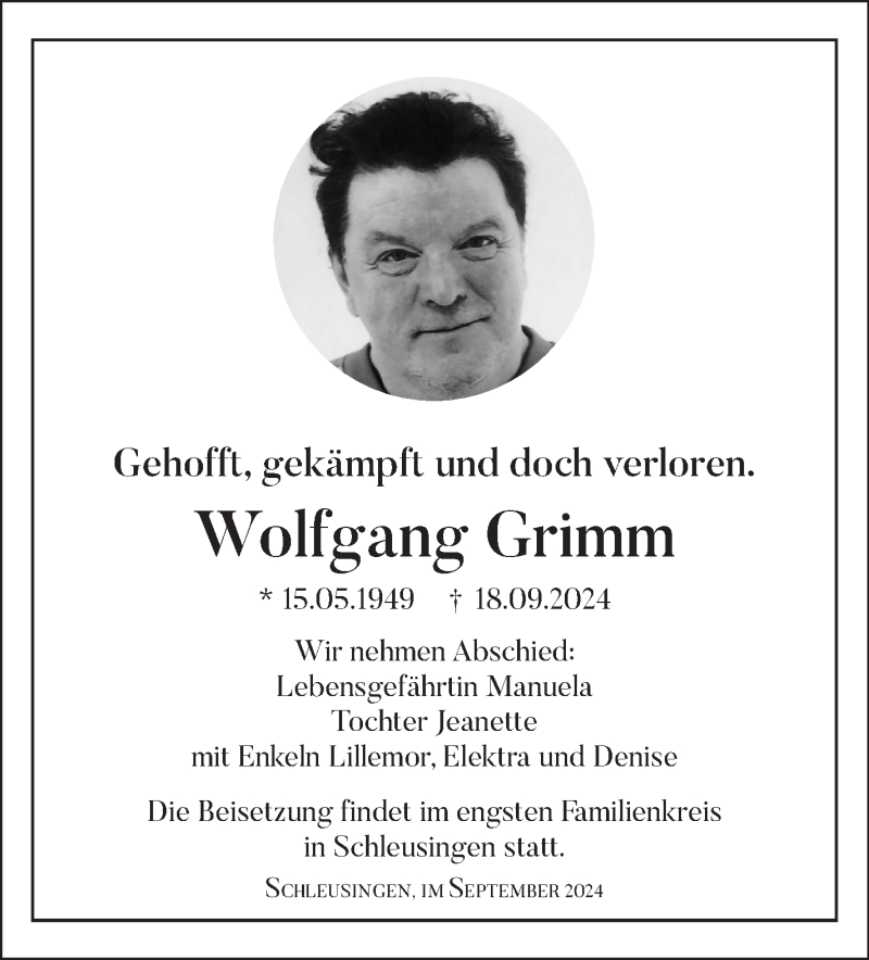  Traueranzeige für Wolfgang Grimm vom 28.09.2024 aus Südthüringer Presse