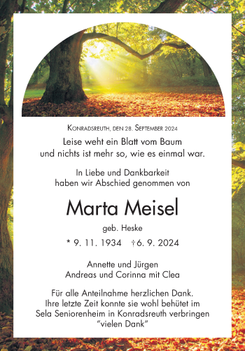 Traueranzeige von Marta Meisel von Frankenpost