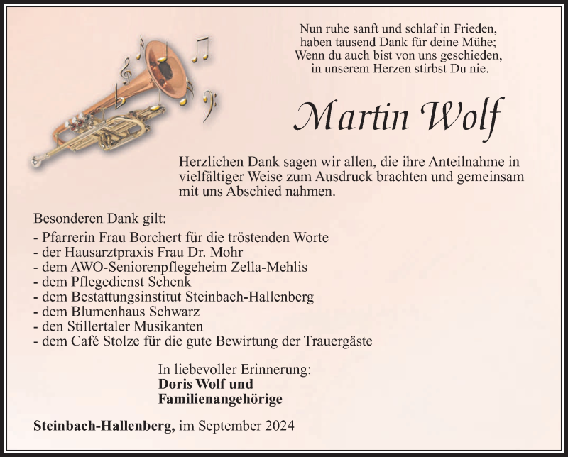  Traueranzeige für Martin Wolf vom 14.09.2024 aus Südthüringer Presse