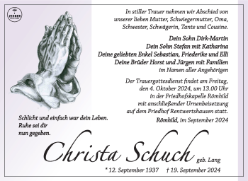 Traueranzeige von Christa Schuch von Südthüringer Presse