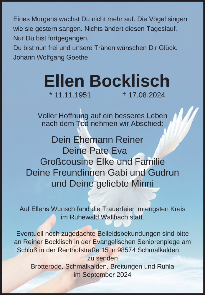  Traueranzeige für Ellen Bocklisch vom 14.09.2024 aus Südthüringer Presse