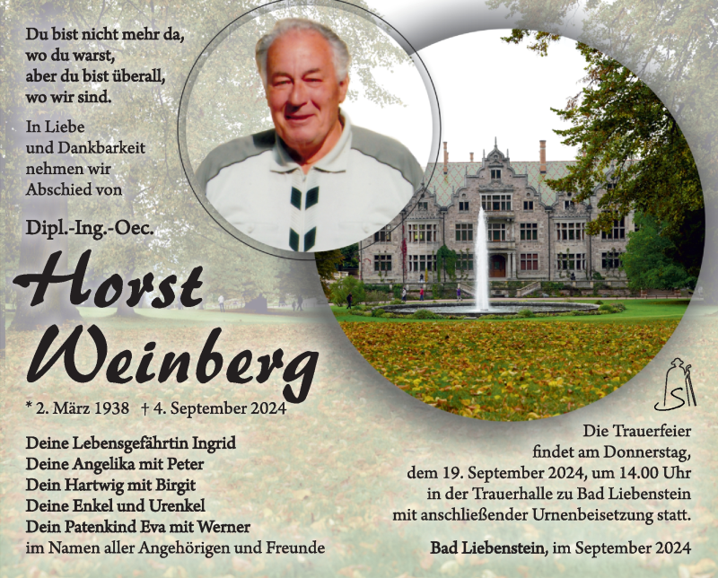  Traueranzeige für Horst Weinberg vom 13.09.2024 aus Südthüringer Presse