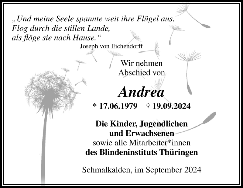  Traueranzeige für Andrea Höreth vom 28.09.2024 aus Südthüringer Presse