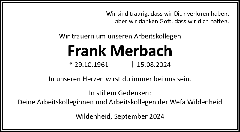  Traueranzeige für Frank Merbach vom 14.09.2024 aus Neue Presse Coburg
