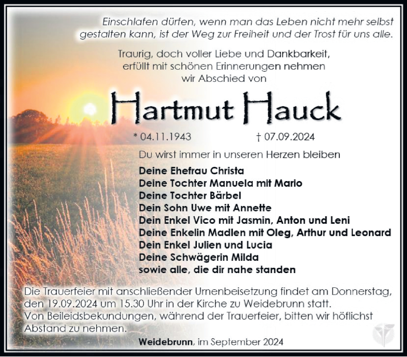  Traueranzeige für Hartmut Hauck vom 14.09.2024 aus Südthüringer Presse