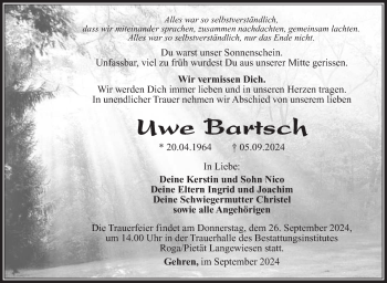 Traueranzeige von Uwe Bartsch von Südthüringer Presse