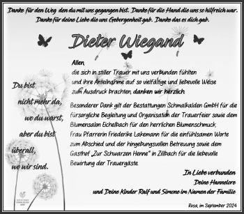 Traueranzeige von Dieter Wiegand von Südthüringer Presse