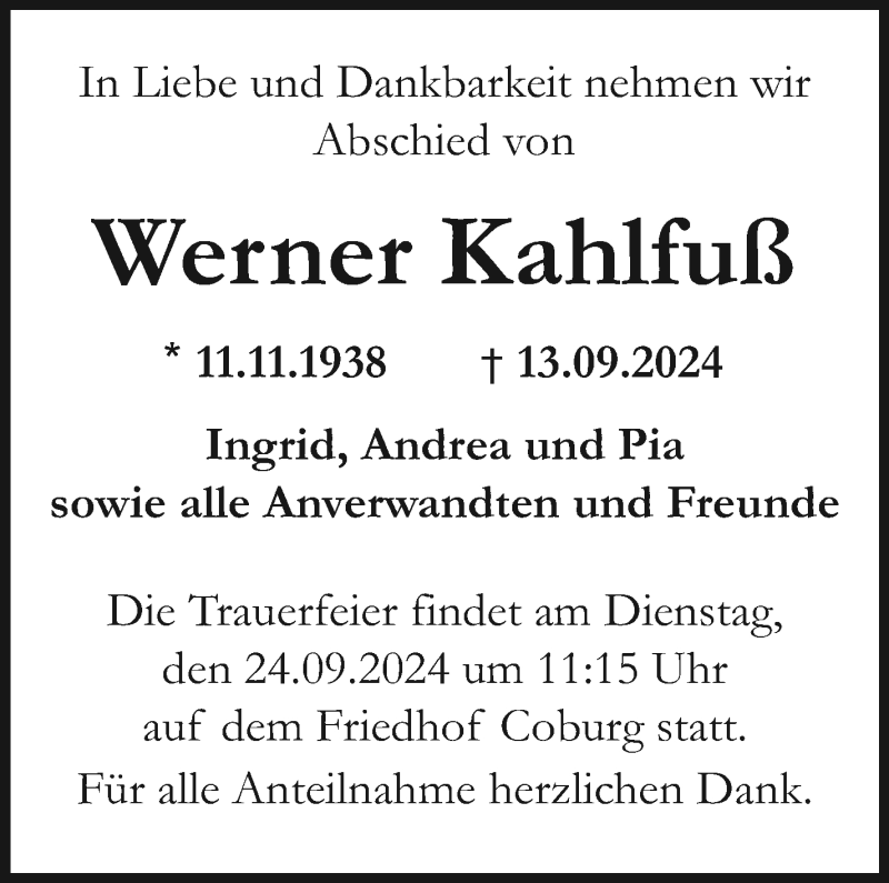  Traueranzeige für Werner Kahlfuß vom 21.09.2024 aus Neue Presse Coburg