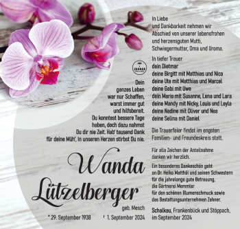 Traueranzeige von Wanda Lützelberger von Südthüringer Presse
