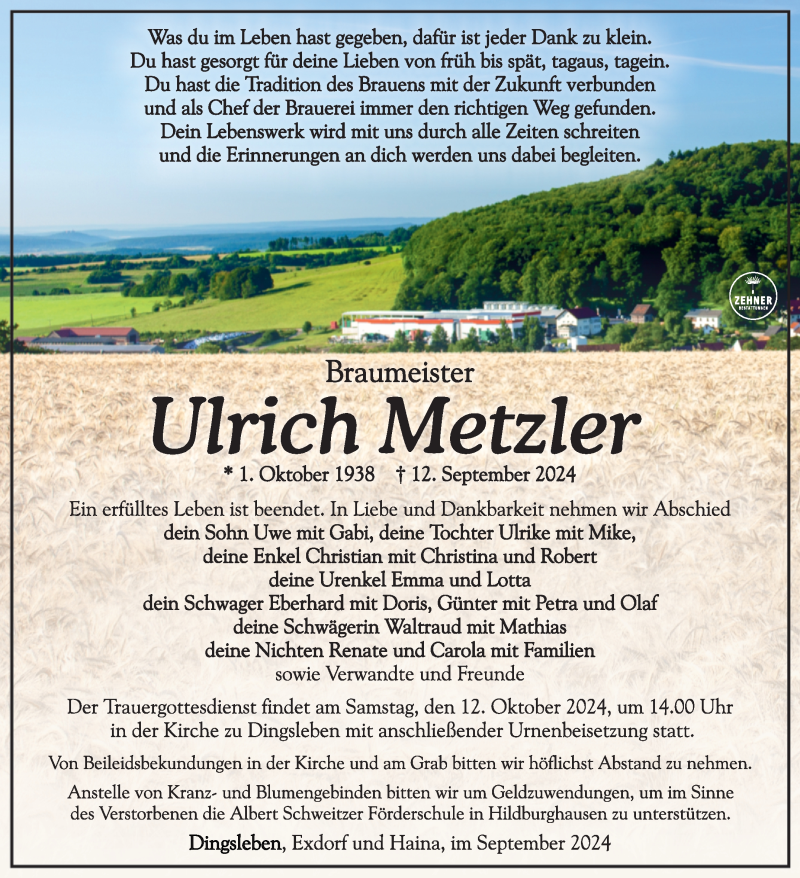  Traueranzeige für Ulrich Metzler vom 28.09.2024 aus Südthüringer Presse