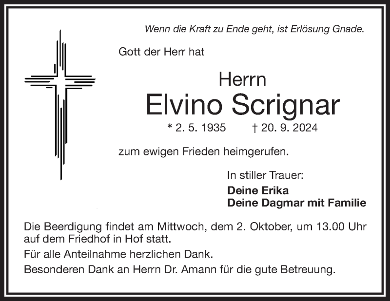  Traueranzeige für Elvino Scrignar vom 28.09.2024 aus Frankenpost