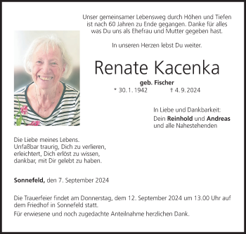 Traueranzeige von Renate Kacenka von Neue Presse Coburg