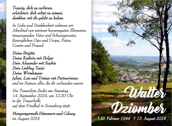 Traueranzeige von Walter DZiomber von Südthüringer Presse