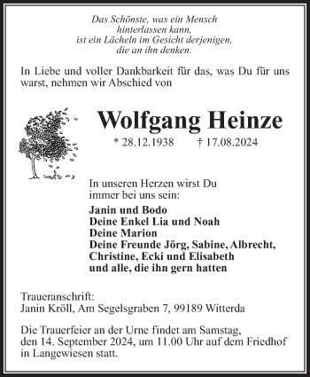 Traueranzeige von Wolfgang Heinze von Südthüringer Presse