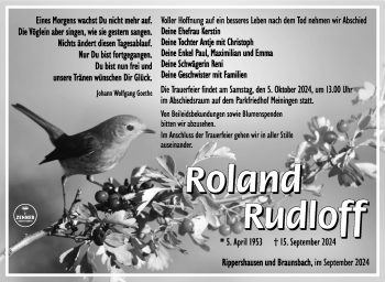 Traueranzeige von Roland Rudloff von Südthüringer Presse