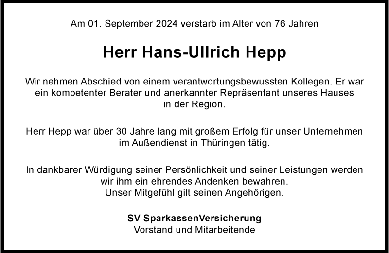  Traueranzeige für Hans-Ullrich Hepp vom 28.09.2024 aus Südthüringer Presse