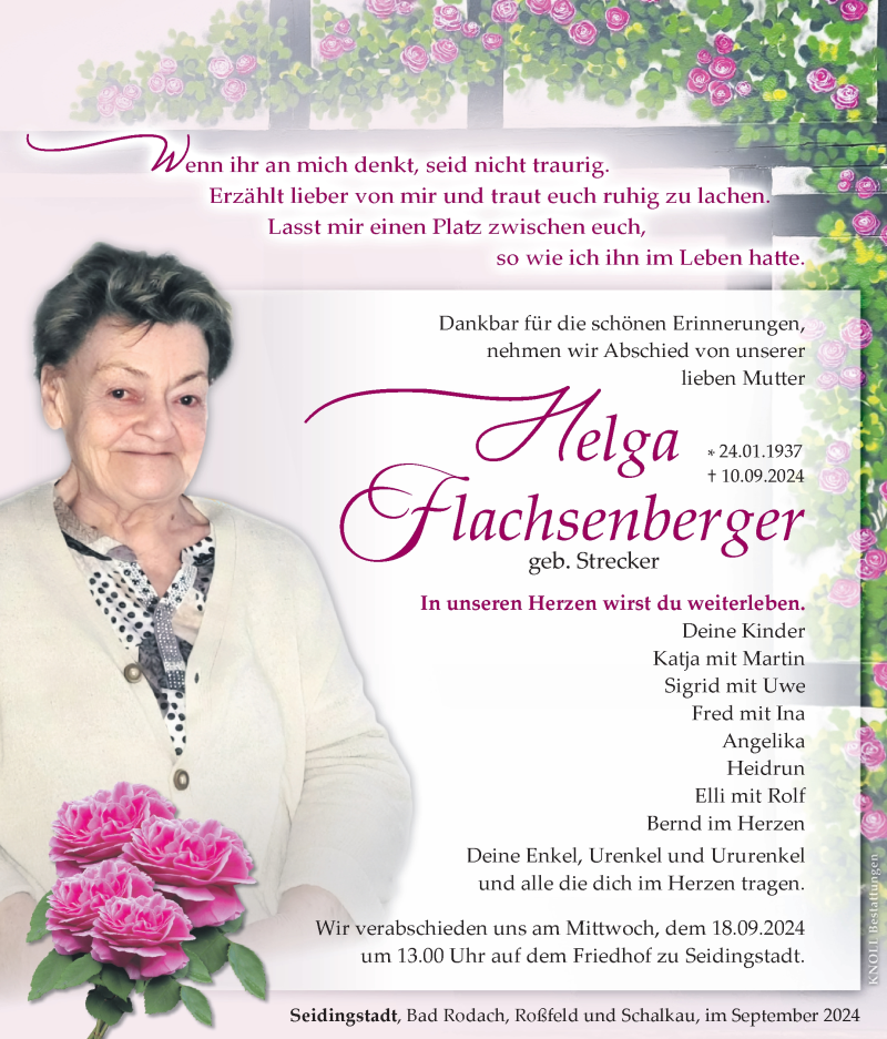  Traueranzeige für Helga Flachsenberger vom 14.09.2024 aus Südthüringer Presse