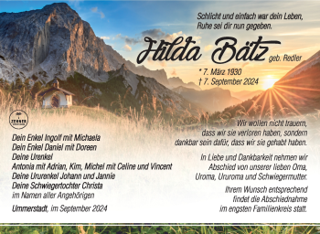 Traueranzeige von Hilda Bätz von Südthüringer Presse