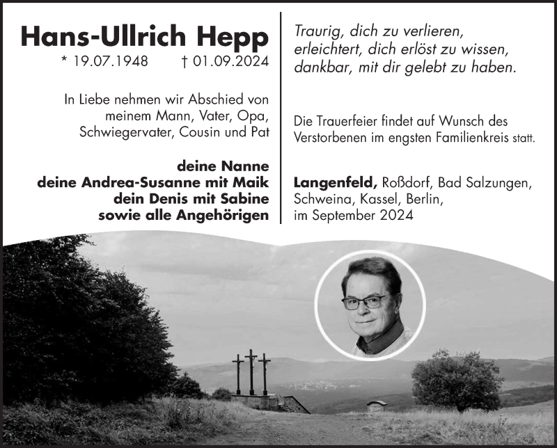 Traueranzeige für Hans-Ullrich Hepp vom 13.09.2024 aus Südthüringer Presse