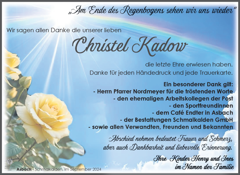  Traueranzeige für Christel Kadow vom 13.09.2024 aus Südthüringer Presse