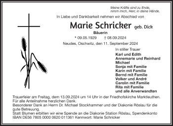 Traueranzeige von Marie Schricker von Frankenpost