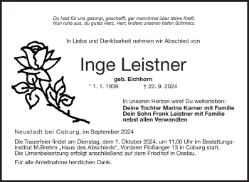 Traueranzeige von Inge Leistner von Neue Presse Coburg