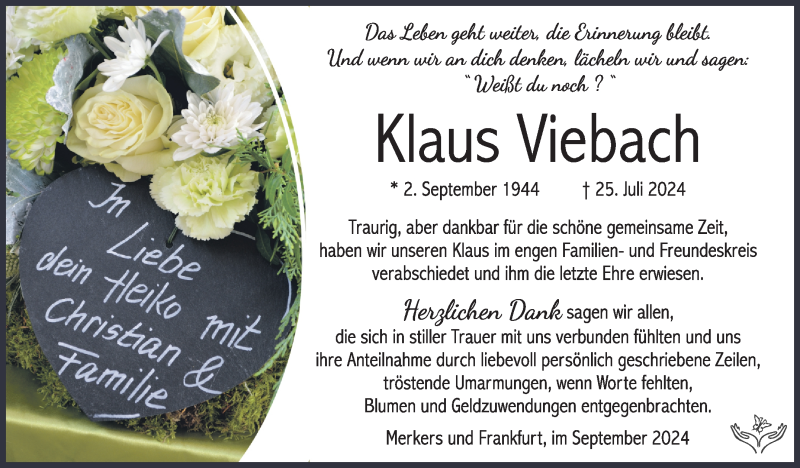  Traueranzeige für Klaus Viebach vom 14.09.2024 aus Südthüringer Presse