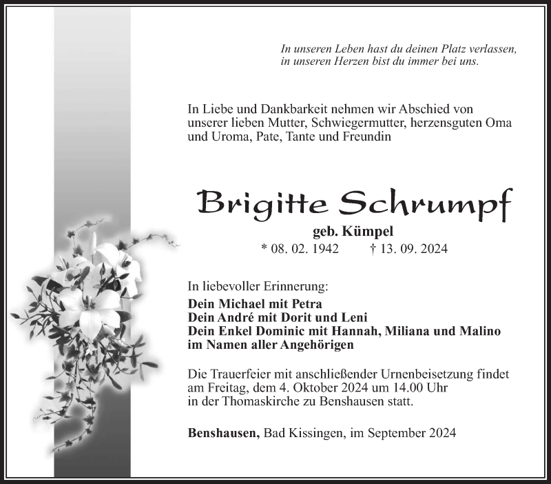  Traueranzeige für Brigitte Schrumpf vom 21.09.2024 aus Südthüringer Presse