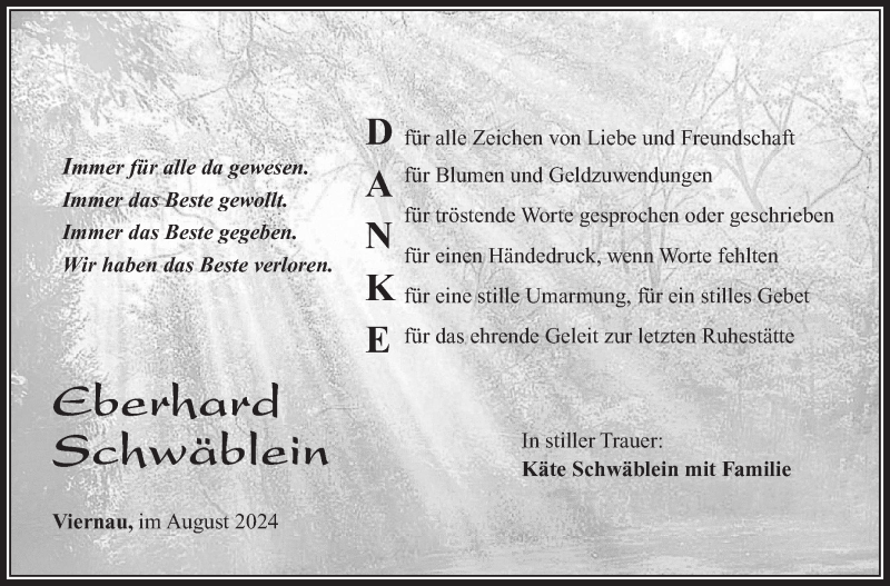  Traueranzeige für Eberhard Schwäblein vom 07.09.2024 aus Südthüringer Presse