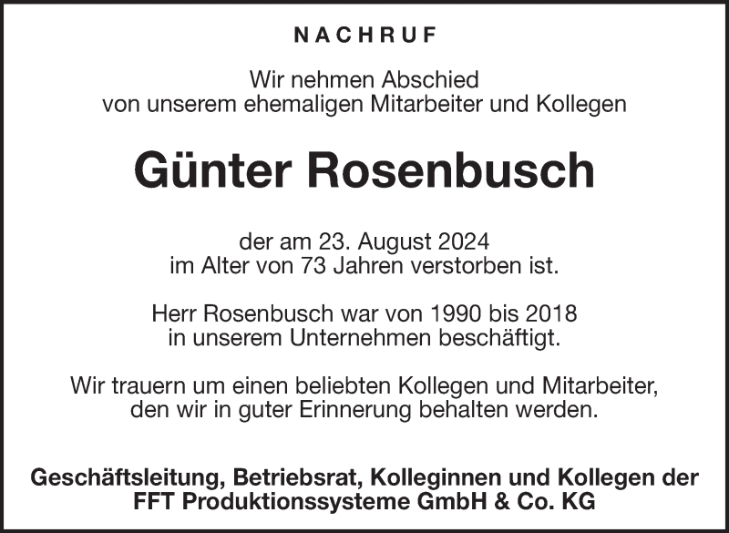  Traueranzeige für Günter Rosenbusch vom 14.09.2024 aus Südthüringer Presse
