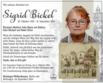 Traueranzeige von Siegrid Bickel von Südthüringer Presse