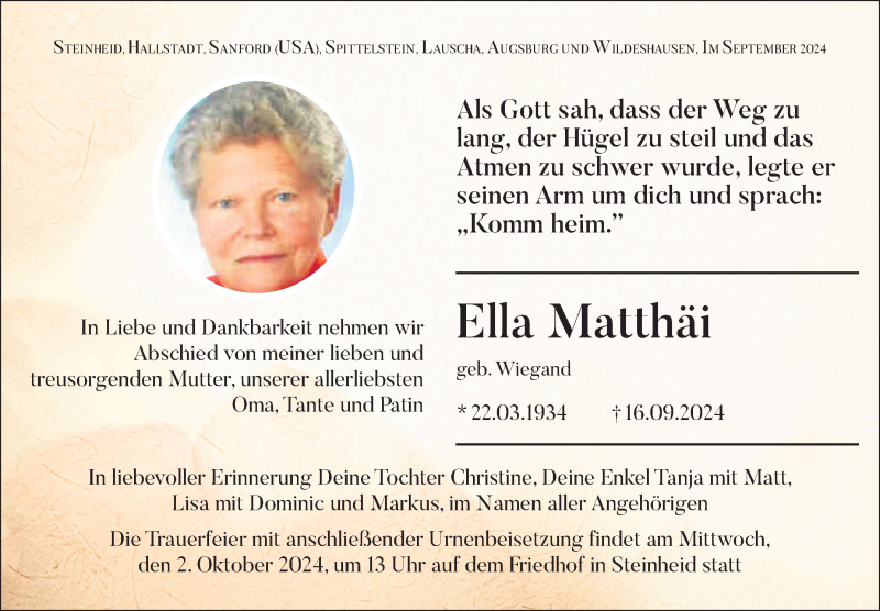 Traueranzeige für Ella Matthäi vom 28.09.2024 aus Südthüringer Presse