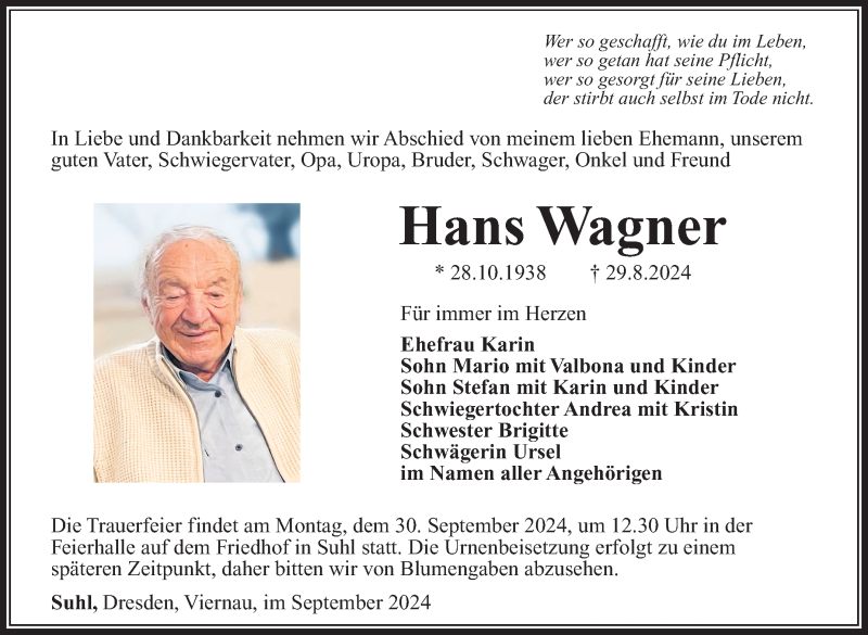  Traueranzeige für Hans Wagner vom 21.09.2024 aus Südthüringer Presse