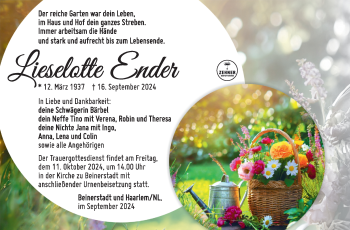 Traueranzeige von Lieselotte Ender von Südthüringer Presse